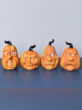Halloween Creepy Pumpkin Face Decor Set of 4 Vintage Style NEW
